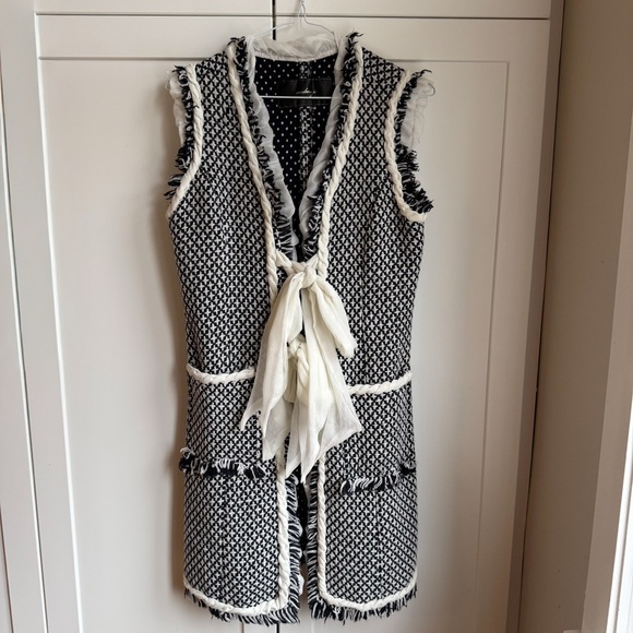 Tweed Longline Silk Ribbon Tie Vest – Navy Blue & White Textured Knit – Size 4 - Picture 3 of 9